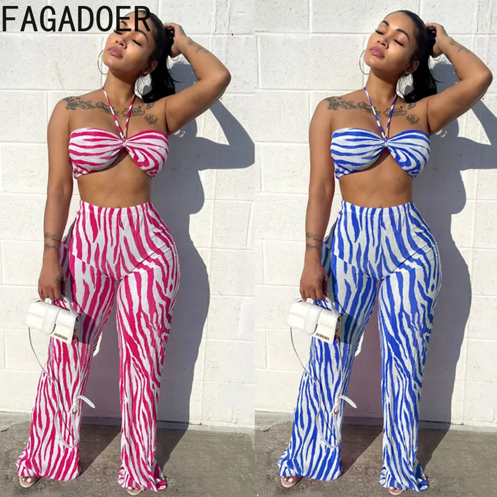 FAGADOER Fashion Stripe Printing Two Piece Sets Women Halter Sleeveless Crop Top And Pants Tracksuits Casual Matching Streetwear