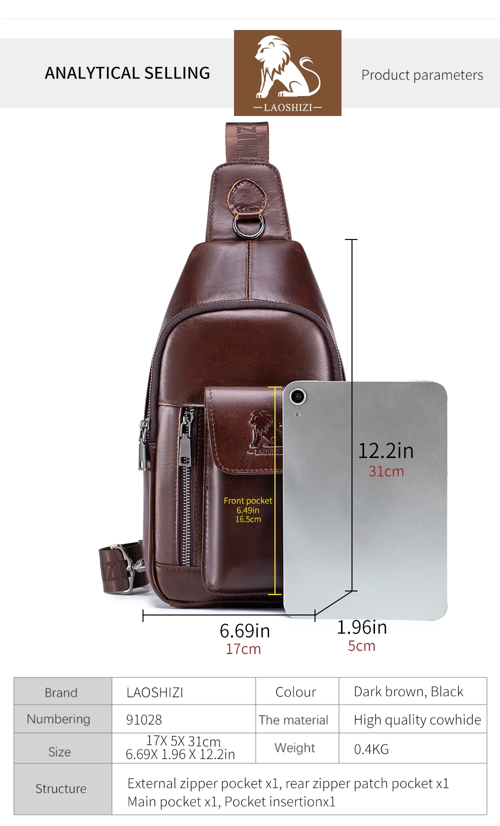Hochwertige Herren-Leder-Brusttasche aus Rindsleder mit Großer Kapazität für Mobiltelefone und iPads – Detail 7