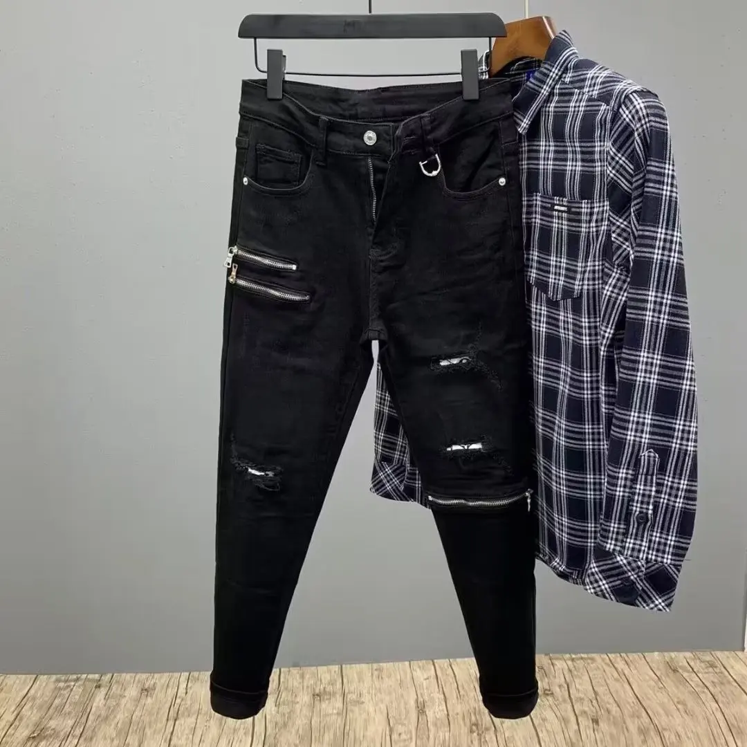 New Black Zipper Men's Fashion Slim Hole Pants Handsome Ripped Skinny Design Straight Trousers