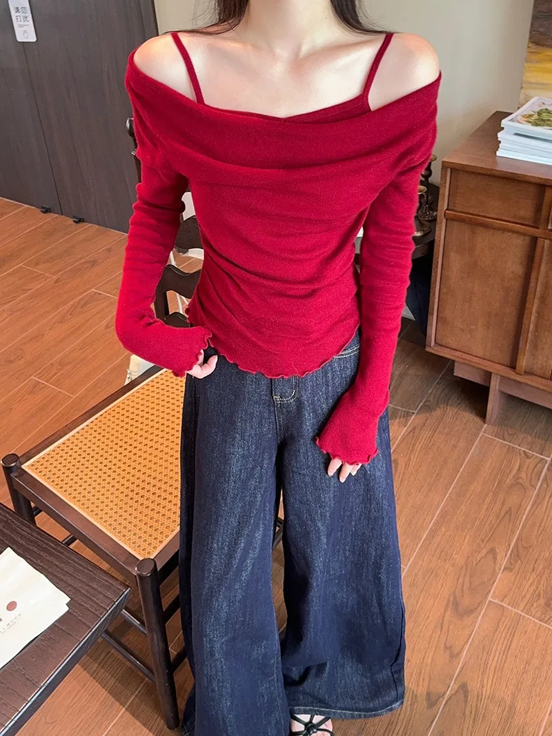 Fake Two-piece Off Shoulder Long Sleeve T-shirt Women's Sexy Slash Neck Flare Sleeve Base Shirt Top Autumn Casual Slim Fit Tops