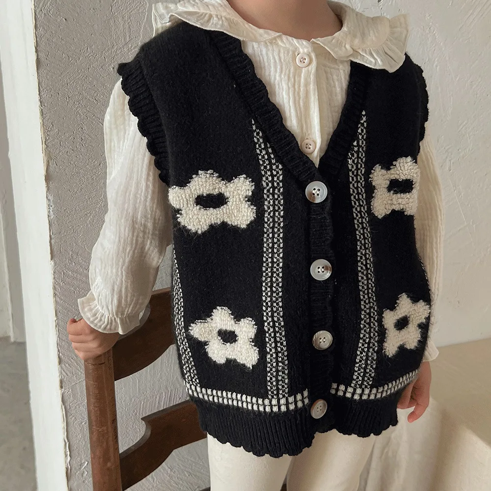 2022 Spring New Girls Knit Cardigan Vest Fashion Children Girls Flower Knitted Vest Jacket Kids Baby V-neck Sweater