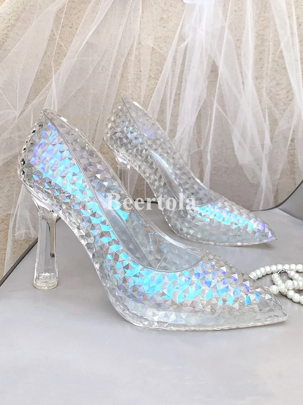 

Fairy Tales Princess Crystal High Heels Bling Pointed Toe Transparent Heel Pumps Lady Shallow Dress Bridal Wedding Cosplay Shoes