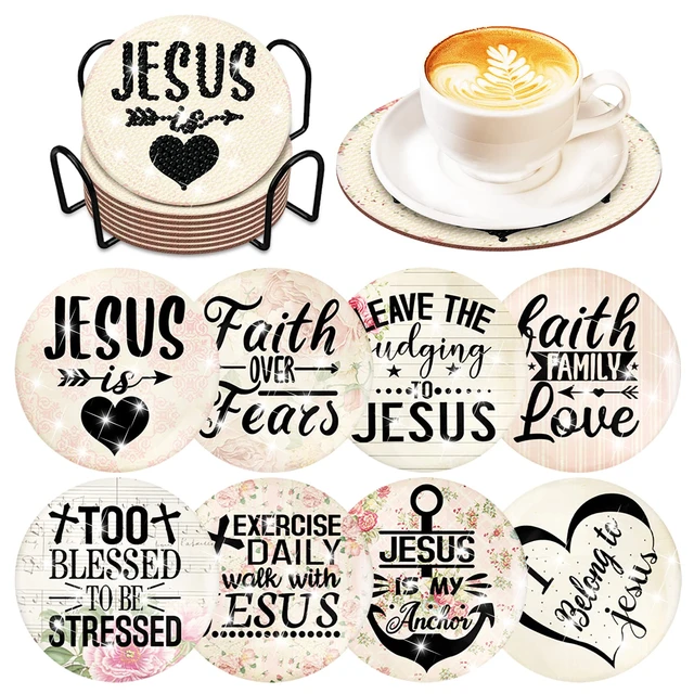 8 Pcs Christian Diamond Art Painting Coasters Kits with Holder for Adults,  Relig