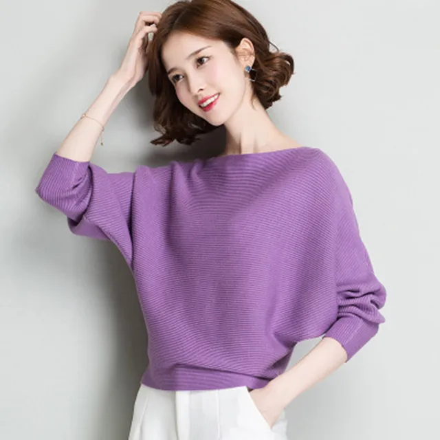 26 Colors Autumn Outstreet High Stretch Knitwear Wide Collar Pullover Knits Women Knitted Long Batwing Sleeves Loose Sweater 5