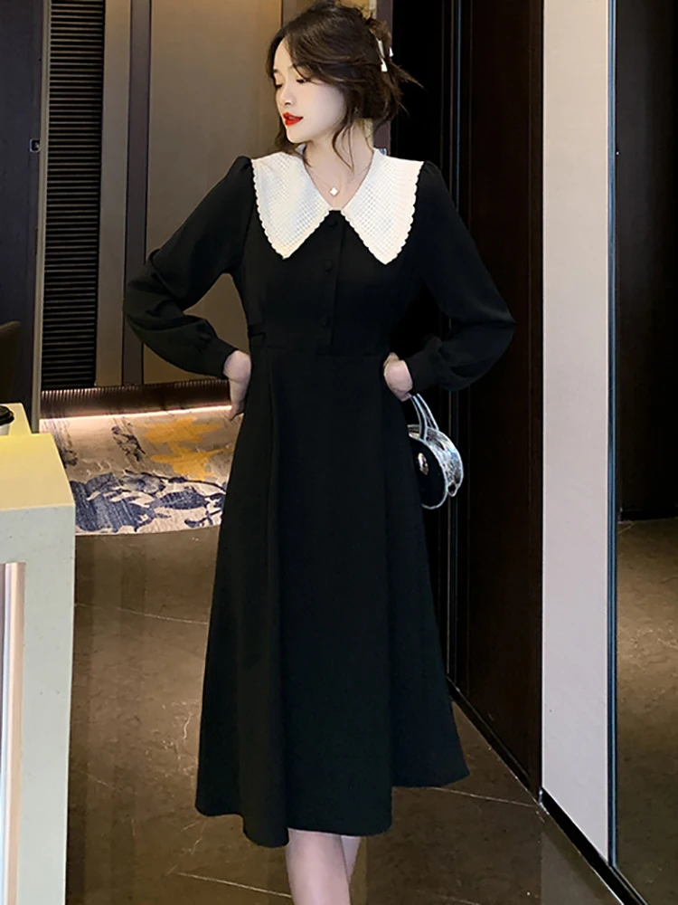 

Black Long Sleeve Lace Doll Collar Midi Dress for Women 2024 New Spring Autumn Cheap Casual Dresses Korean Vintage Hepburn Dress