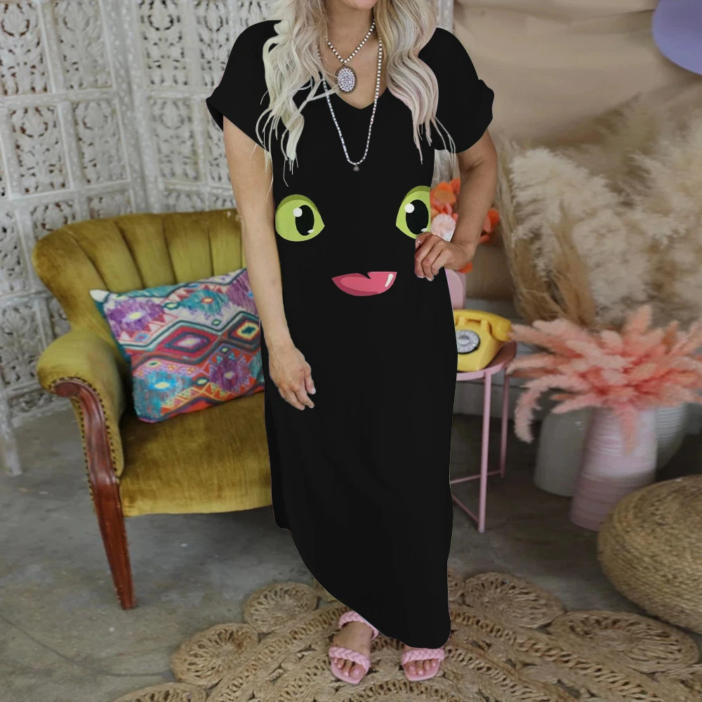 

Split Skirt Pokemon Print Elegant Casual Women's Dresses Zevity Fashion Maxi Dress Pikachu Robe Summer 2023 Evening Party Long