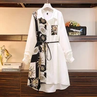 Vintage Print A-Line With Belt Loose Polo Neck Women's Dress Elegant Single-Breasted Knee Length Dresses For Women 2024 Spring - Image 3