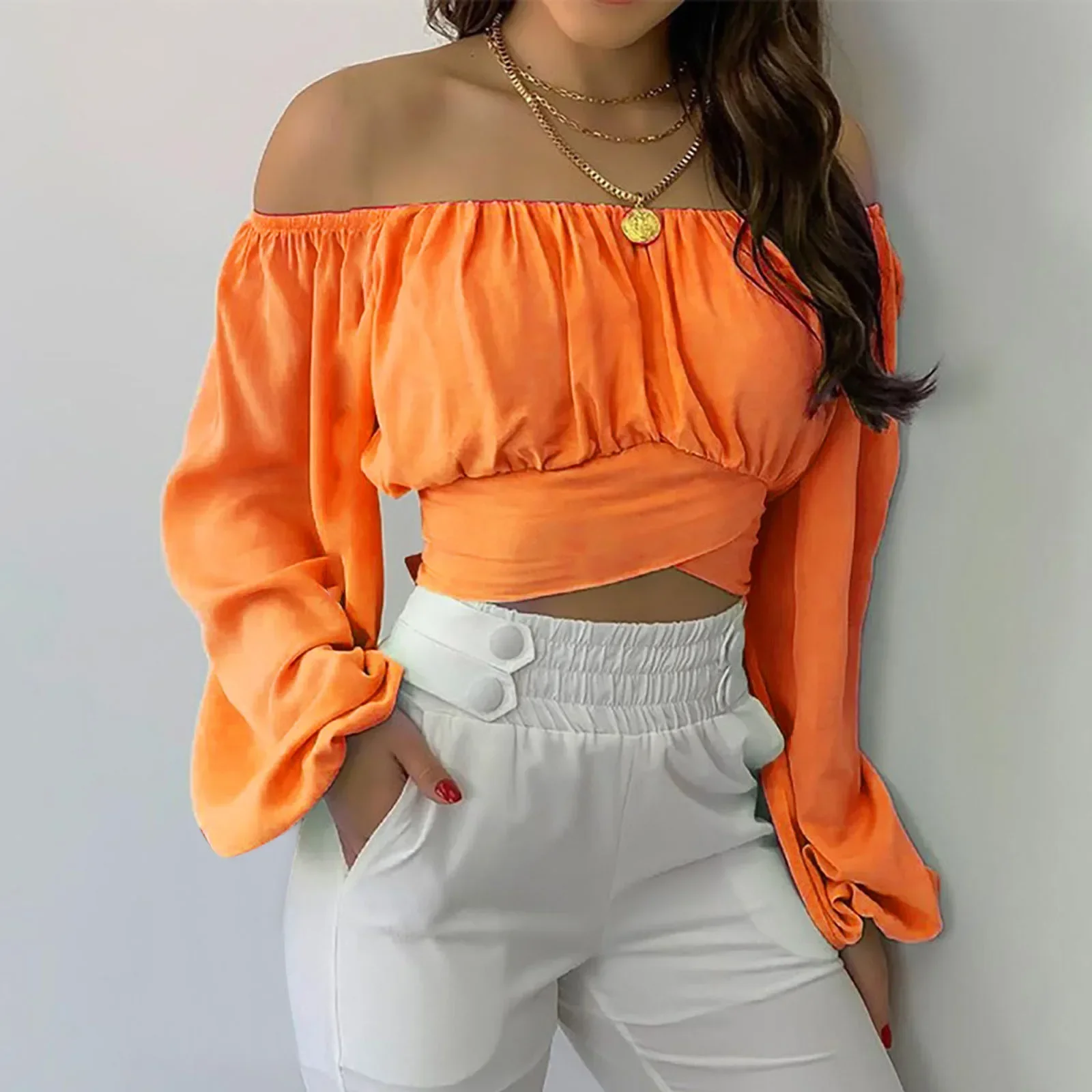 Soild Short Tops Blouse for Women Cute Off Shoulder Long Sleeve Shirts Fashion Pure Color Crop Top Ladies Blouse Блузка Женская