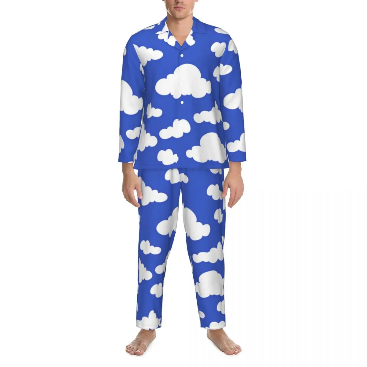 

Pajamas Men Cartoon Cloud Night Sleepwear Cloudy Blue Sky 2 Piece Casual Pajama Set Long Sleeves Cute Soft Oversized Home Suit