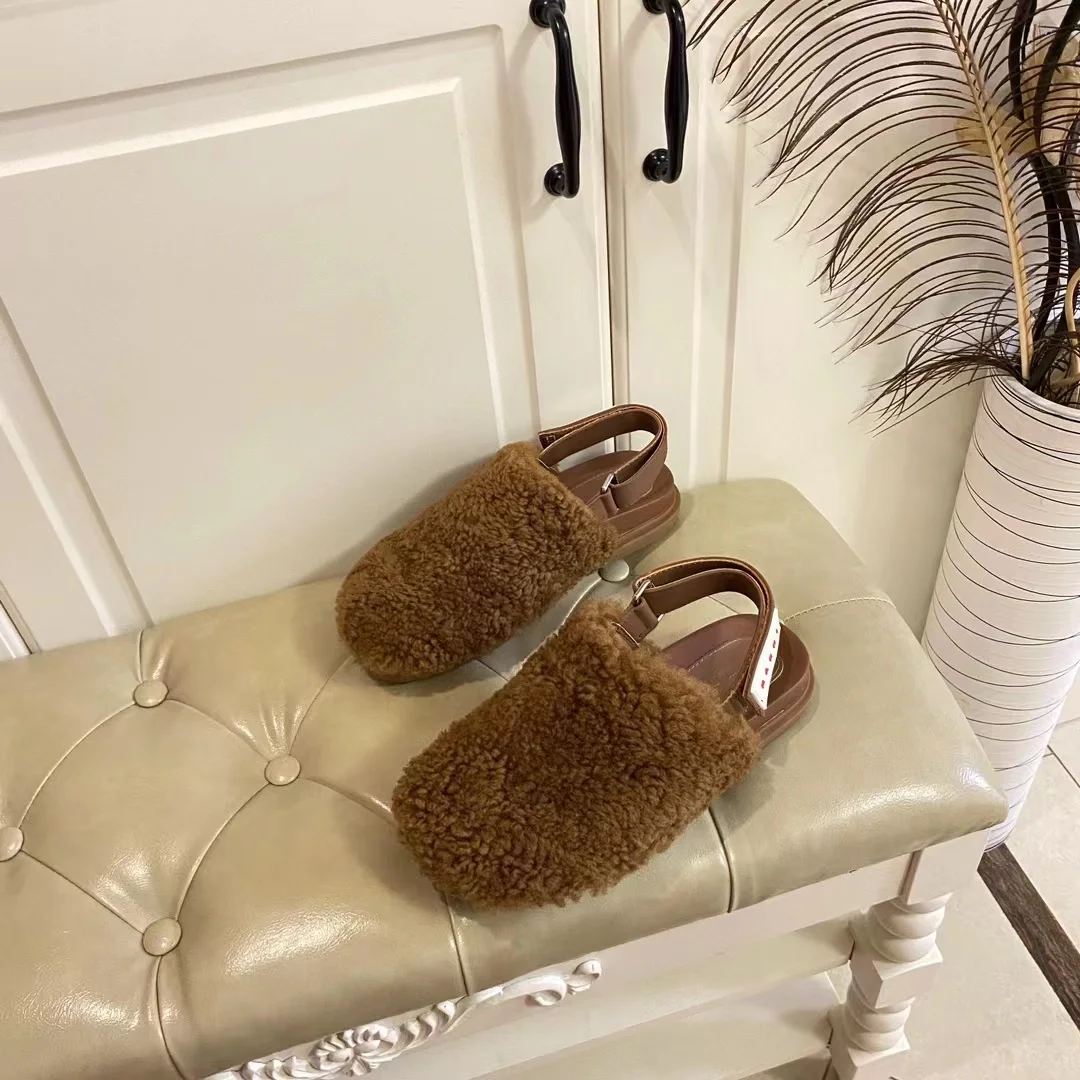 2023 Fashion Latest Wool Mop Flat-bottomed Baotou Slippers Summer Super Versatile Warm Bottom Women Shoes Big Size 35-43