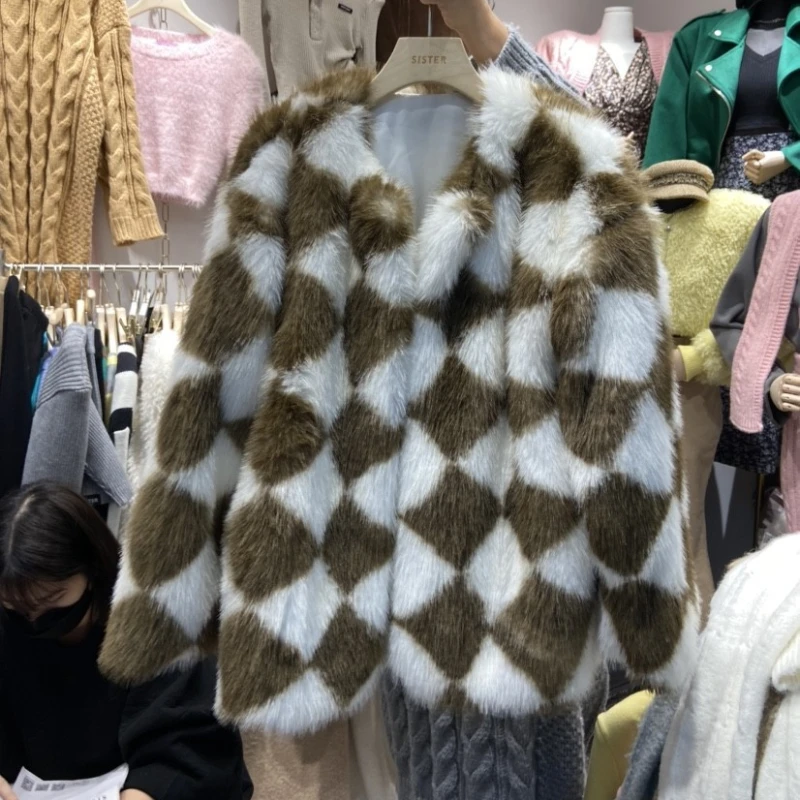 Winter Imitation Fur Jacket for Women Diamond-shaped Checkerboard Fashion Wool Lazy Windy Coat Thick Warm Fur All-match Cardigan
