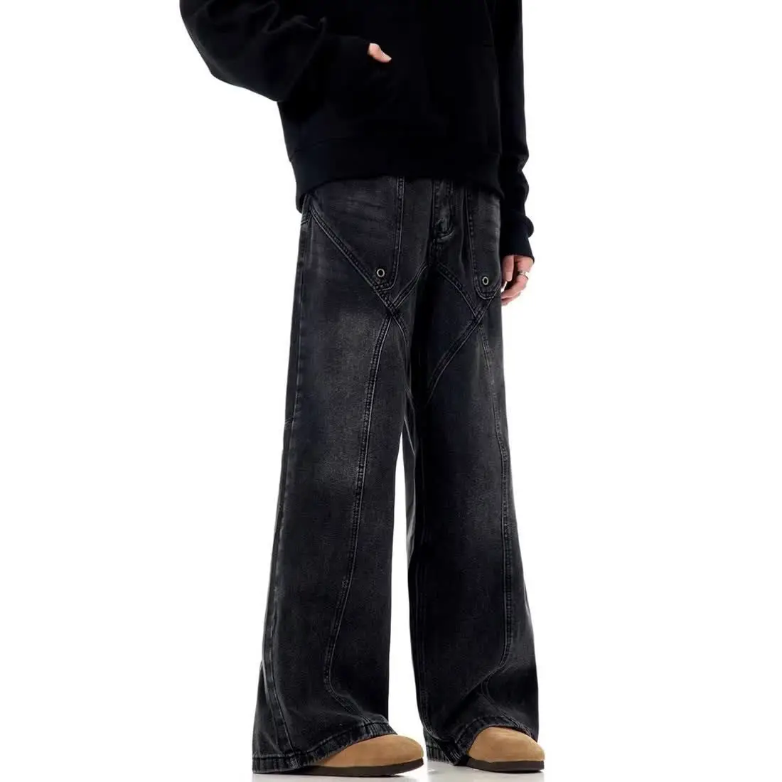 Street Hip Hop Trendy Handsome Splicing Water Washed Jeans for Men and Women Autumn Retro Loose Wide Leg Harajuku Casual Pants 2