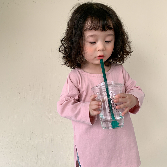 Spring New Children Clothes Baby Girls Solid Color Loose Leisure Split T-Shirt