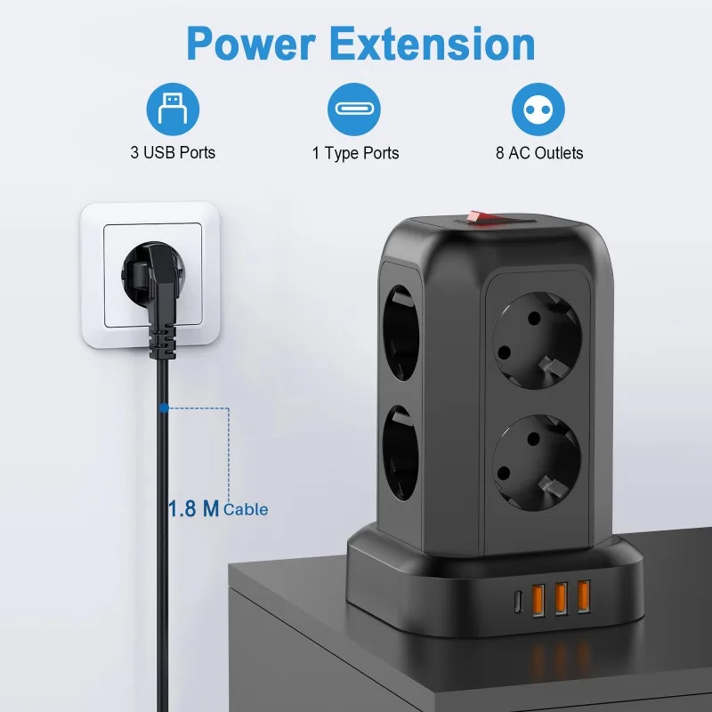 EU Plug Surge Protector Multi-Socket with 8 AC Outlets,3 USB and 1 Type C Ports，1.8M Extension Cable