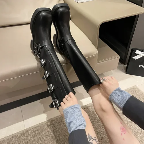 여성용 무릎 높이 플랫폼 부츠, 우아한 로우 힐 트렌드, 펑크 고딕 신상 록 가죽 패션, 오토바이 신발 3