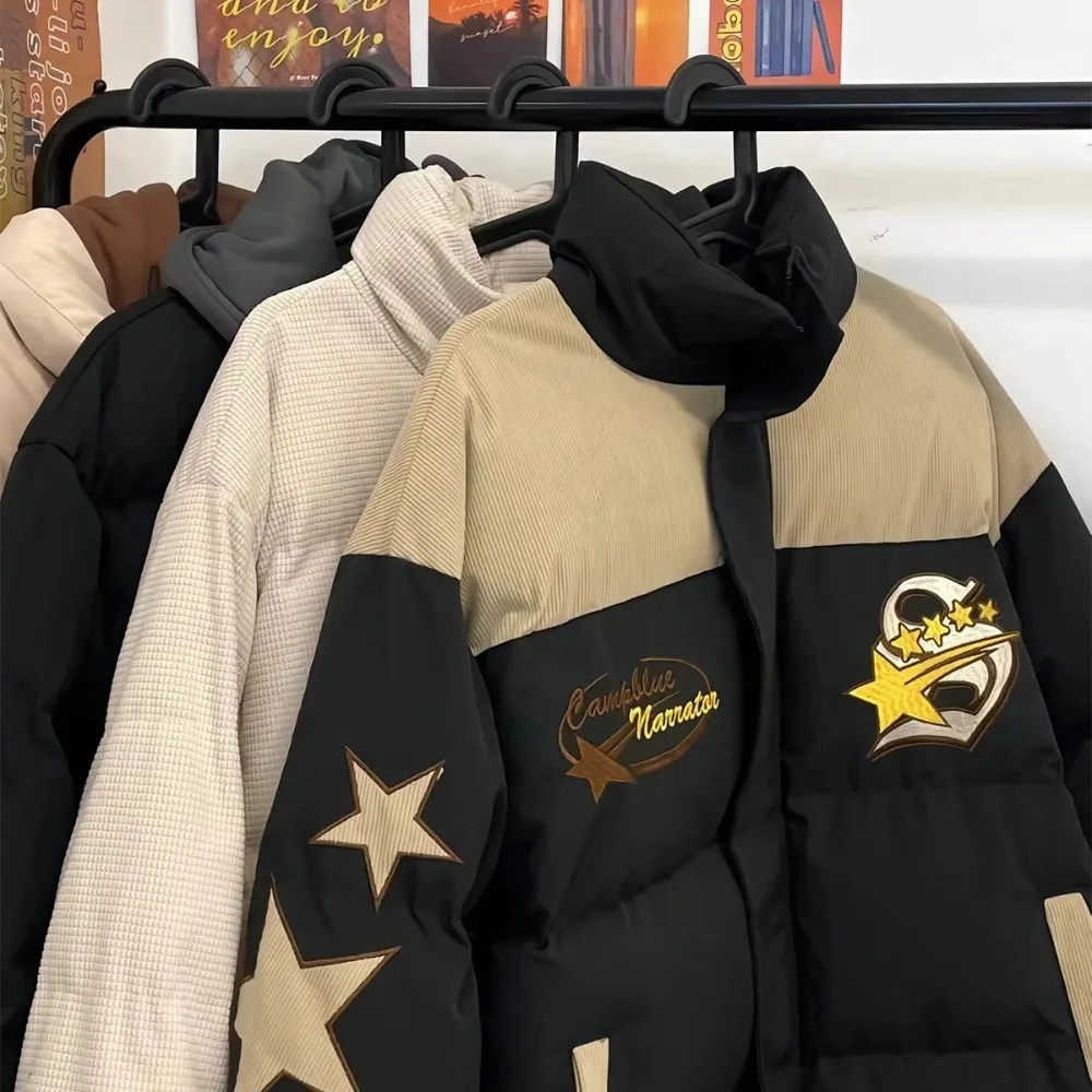 

Hip Hop Stars Embroidery Jacket Parkas Men Streetwear Retro Patchwork Corduroy Harajuku Padded Jackets Winter Cotton Windbreaker
