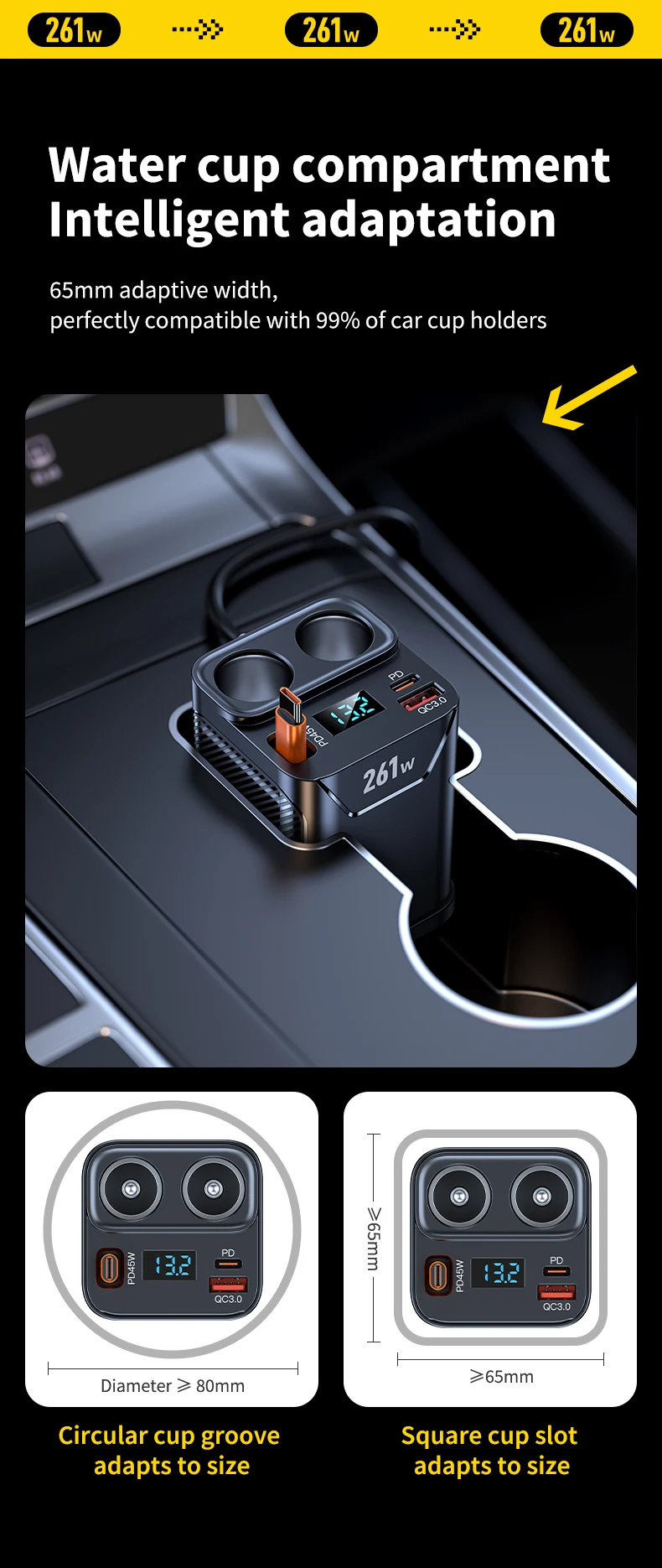7 in 1 Cigarette Lighter Adapter Cup Holder 261W Car Charger Adapter with PD45W