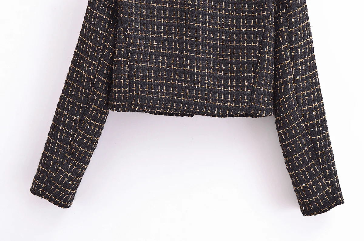 French Retro Women Black Weave Gold Line Tweed Blazer High Waist Center Buttons Back Zipper Mini Skirt Set Suits 2 pieces 1 set