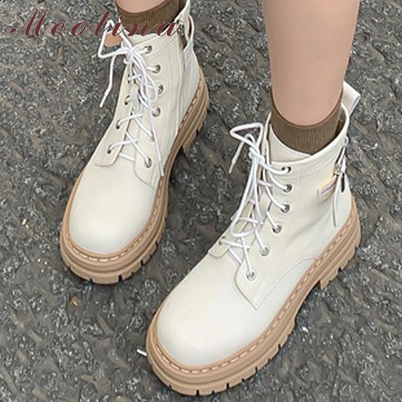 

Meotina Women Genuine Leather Ankle Boots Round Toe Platform Thick Mid Heel LaceUp Zipper Buckle Boot Autumn Winter Shoes Beige