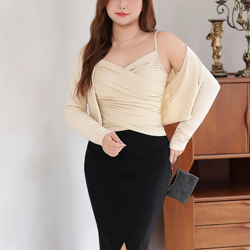 Pleated Cross-Shaped V-neck Knitted Camis Plus Size Women Premium French Hot Girl Spaghetti Strap Modal Slim Tops