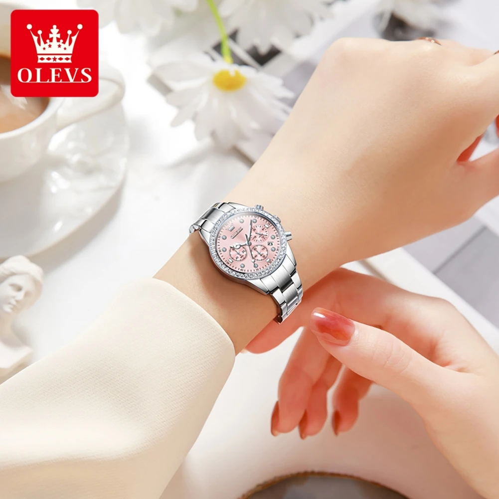 OLEVS Fashion Quartz Watch for Women Luxury Stainless Steel Women's Watch Waterproof Luminous Chronograph Wristwatch Reloj Mujer