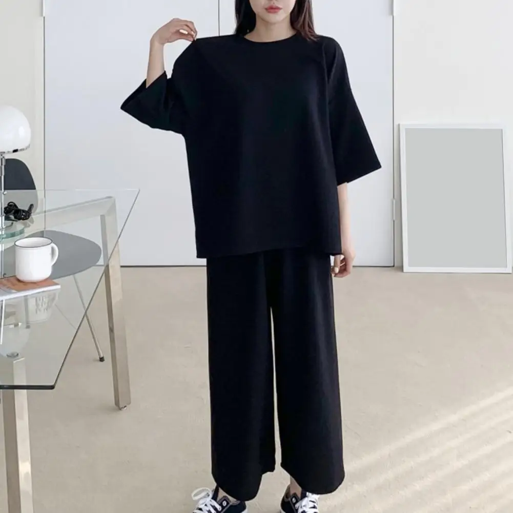 

Breathable Summer Clothing Stylish 2-piece Solid Color Lounge Wear Set O-neck T-shirt Half Sleeve High Waist Pants for Comfort