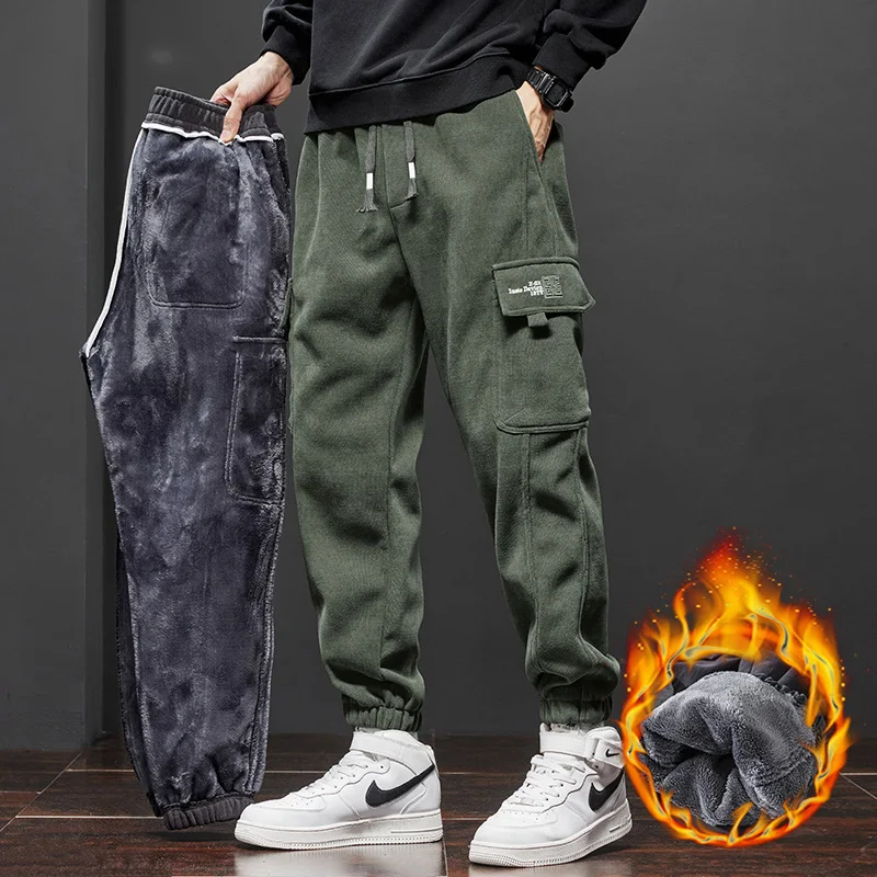 Men's Fleece Corduroy Cargo Harem Pants Winter Thickened Warm Loose Streetwear Joggers Trousers Sweatpants ArmyGreen Black