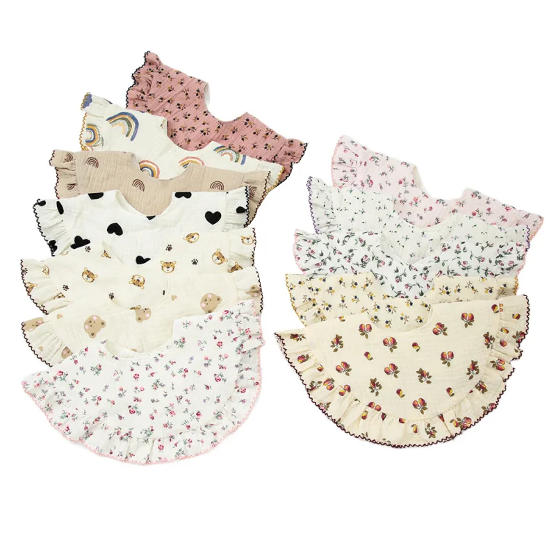 

2023 Muslin Baby Bibs 360 Rotate Soft Newborn Burp Cloths Cute Lace Print Infant Feeding Saliva Towel for Boys Girls Shower Gift