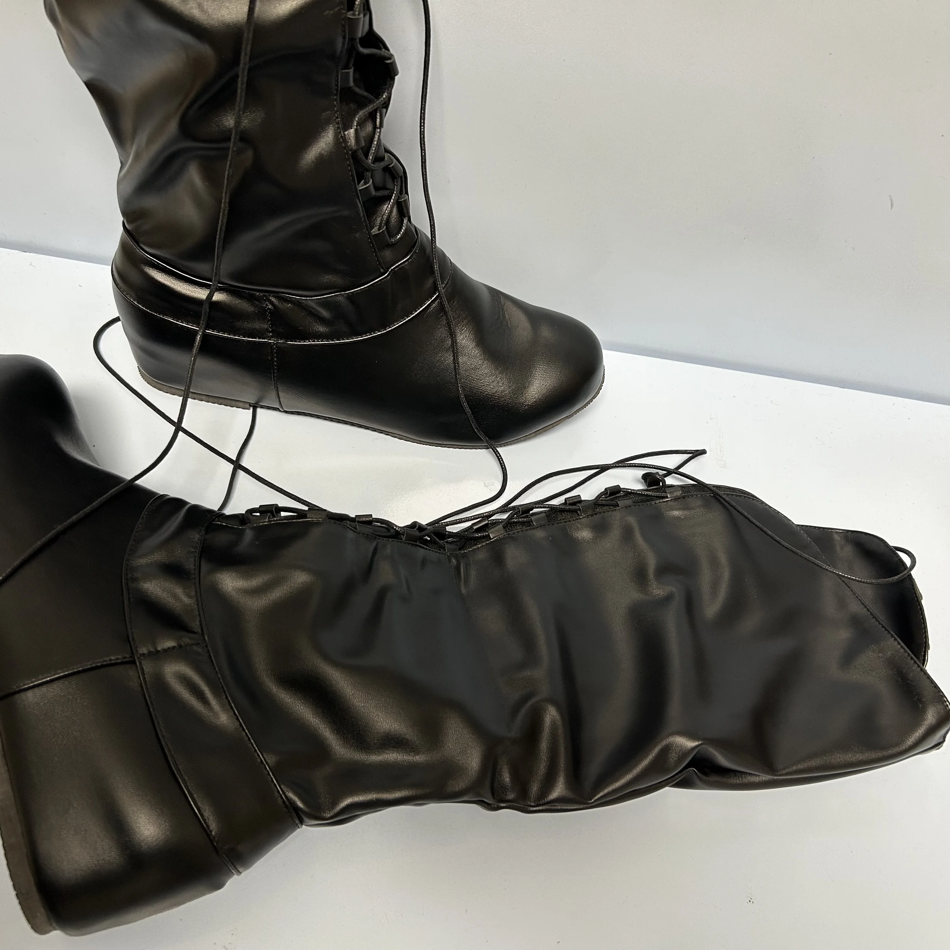 Mittelalter liche Retro Frauen Männer Leder Ritter Stiefel kniehohe flache Schuhe Mode runde Zehen Rom lässig Vintage Bandage Stiefel Größe 34-43 – Detail 5