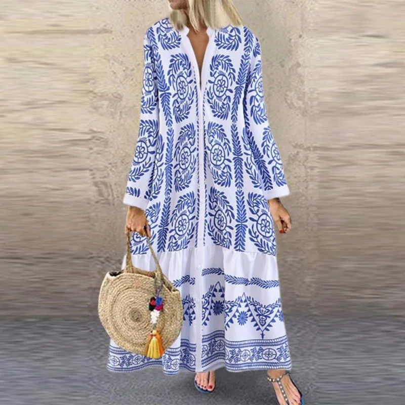 

2023 Printed Pattern V-Neck Loose Dress Women'S Elegant Splicing Long Sleeve Simple Dress Autumn Casual Bohemian Long Dresses
