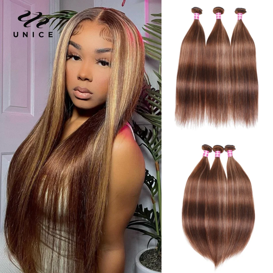 

Unice Hair Straight Highlight Human Hair Bundles Brazilian Blonde Highlight Hair Extension Honey Blonde Color Human Hair