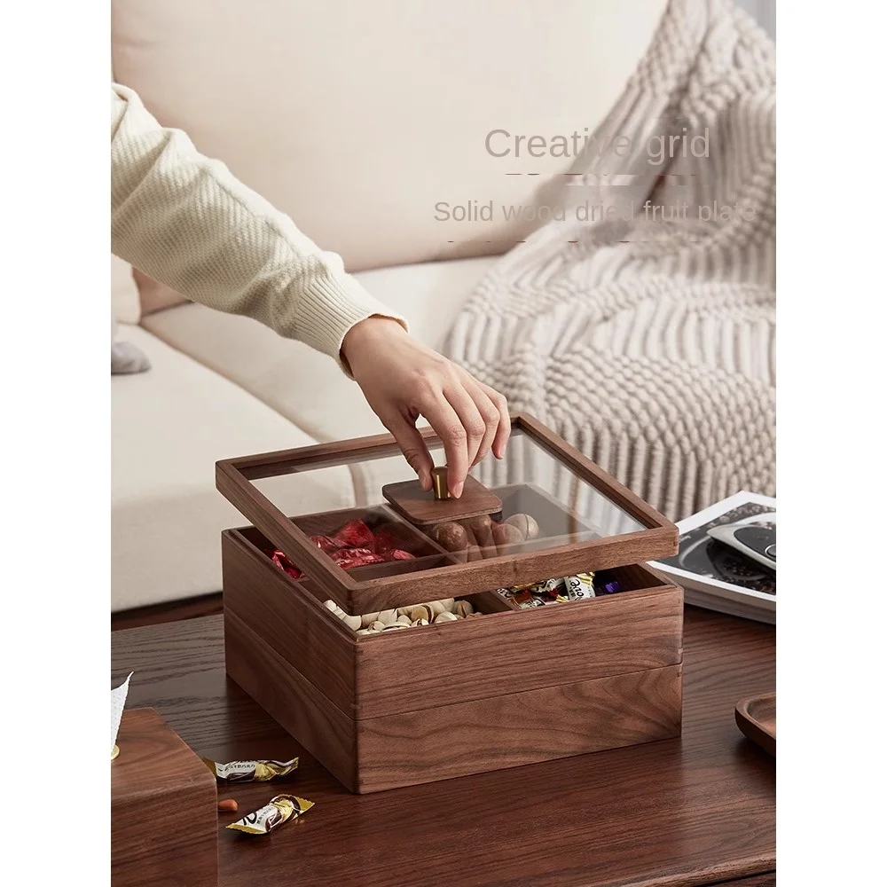 

Solid wood dried fruit tray, four grid melon seed snacks, dried fruit box, candy box, divided living room tea tray, snack storag