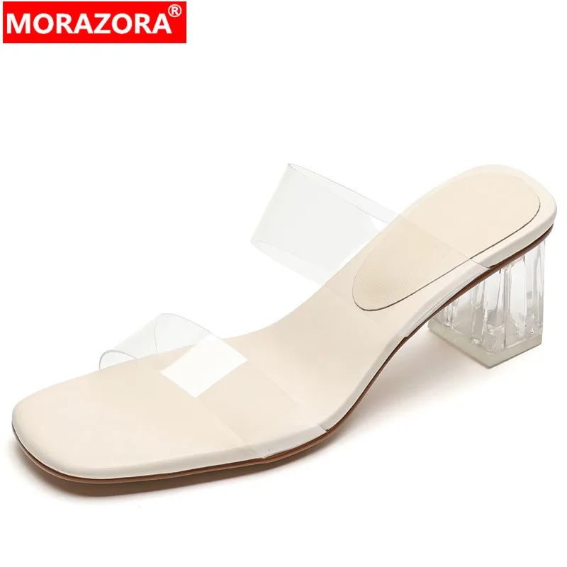 MORAZORA 2024 New Elegant Ladies Casual Summer Slippers Transparent Pvc Shoes Women Crystal Thick High Heels Slippers