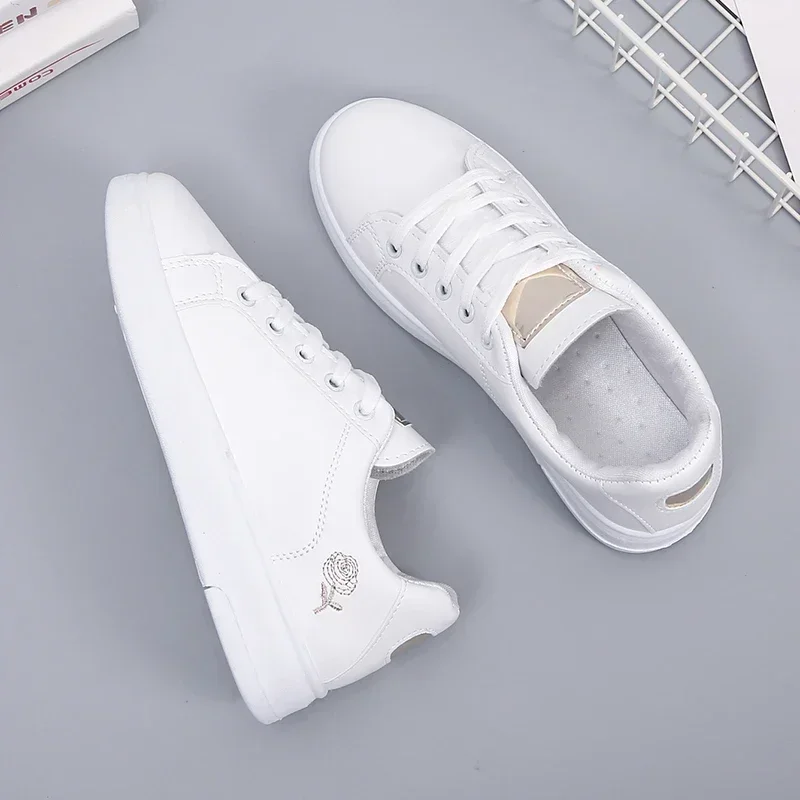 Baskets Blanches Brodées en Cuir PU pour Femme, Chaussures Décontractées, Respirantes, à Fleurs, à Lacets, Nouvelle Collection 3