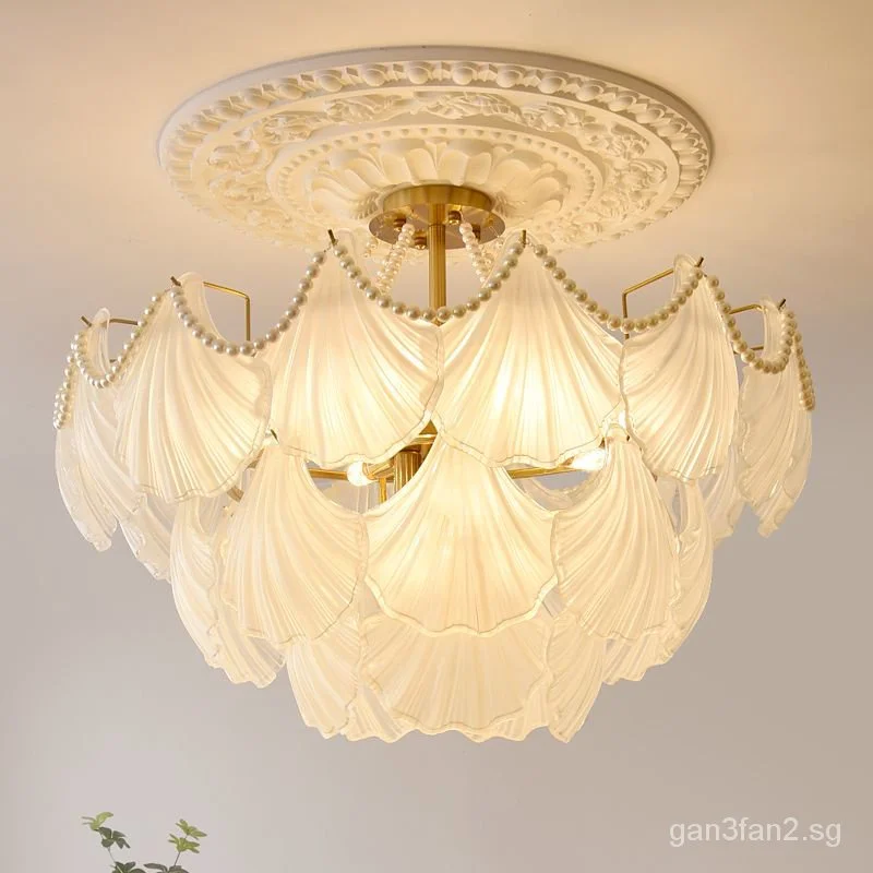 

French chandelier American retro simple romantic living room bedroom luxury pearl shell glass restaurant main lamp