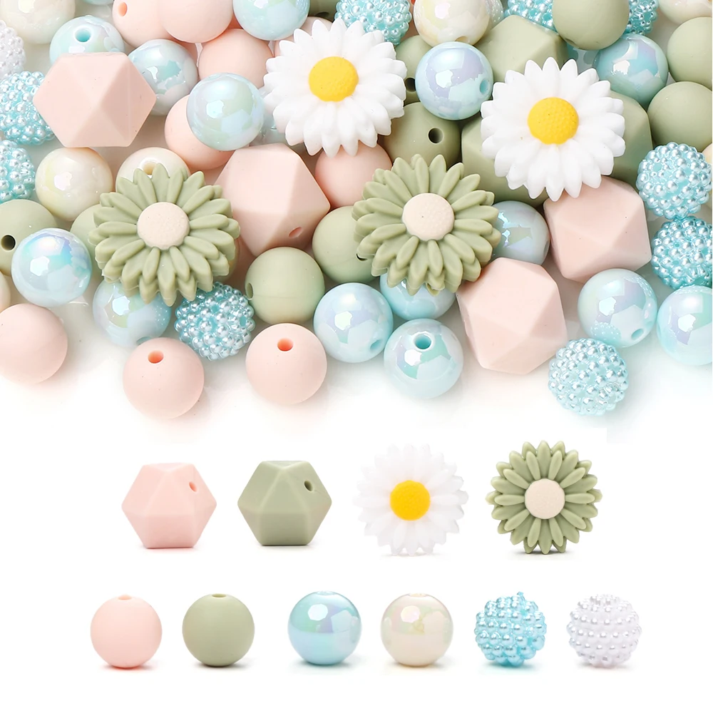 65-Piece Sunflower Bead Kit - Silicone Daisy & Round Beads With Rhinestone Spacers For DIY Jewelry