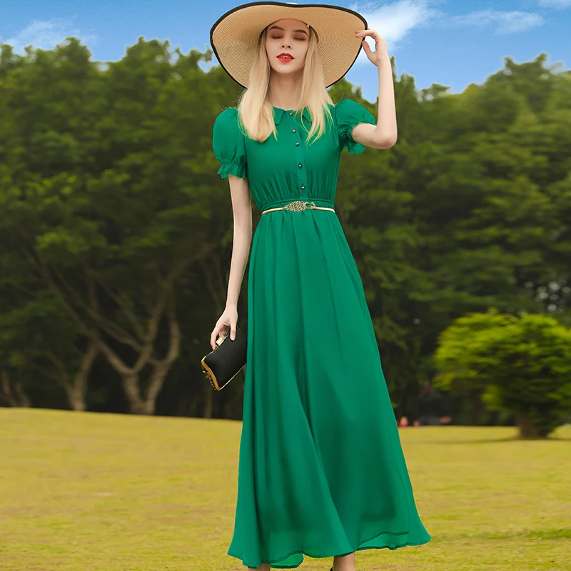 

Chiffon Office Lady Summer Green Long Dress Short Sleeve Slim Waist Holidays Vacation Dress Birthday Gift for Girls Puff Sleeve