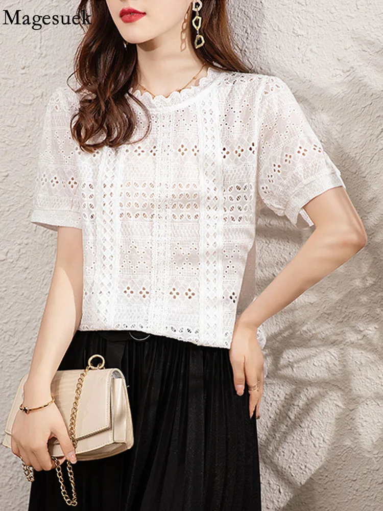 FrenchStyleShortSleeveCottonShirtTopsHollowOutShirt2022