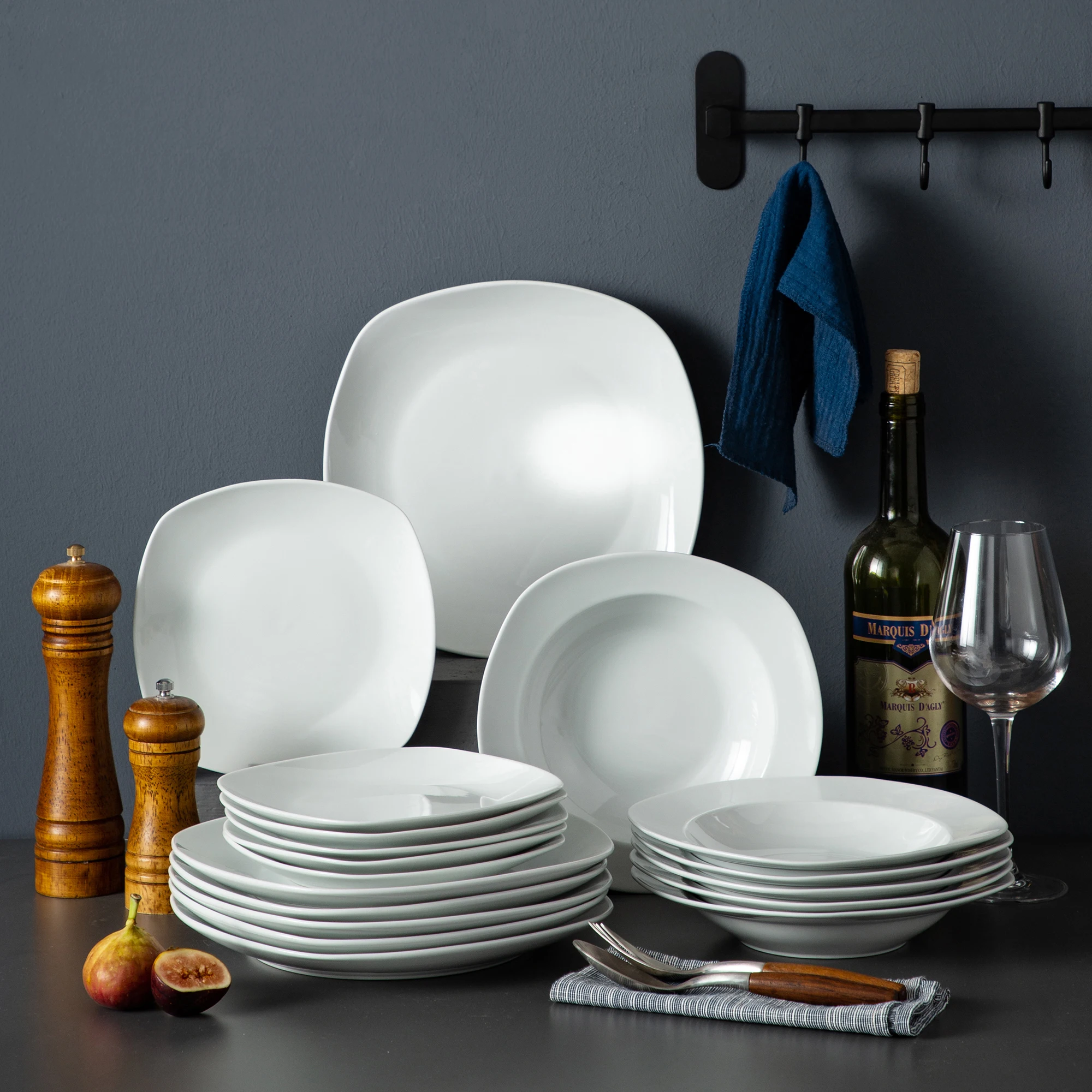 MALACASA, Series ELISA, 48-Piece Porcelain Dinnerware Set, White Dishes  With Black Line, Service for 12 