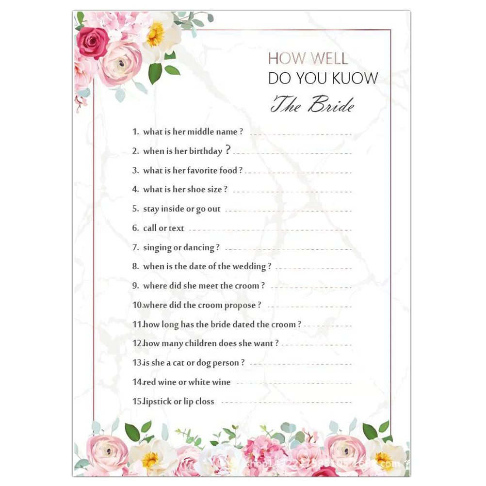 20pc Wedding Game Cards Bridal Shower Quiz Cards Engagement Party Supplies Bachelorette Games Festive Accessories Holiday