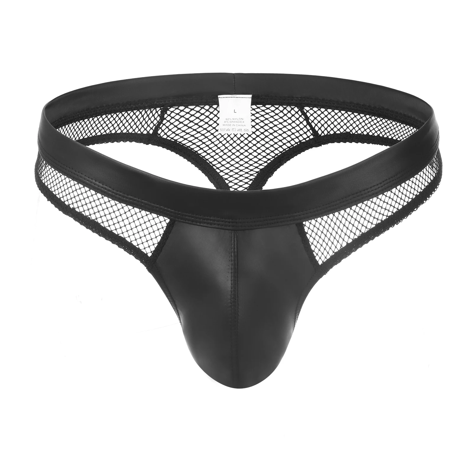 Thong G String Men Sexy Mesh Underwear Faux Leather Penis Pouch Man Panties Fishnet See-through Brazilian Underpants T-Back