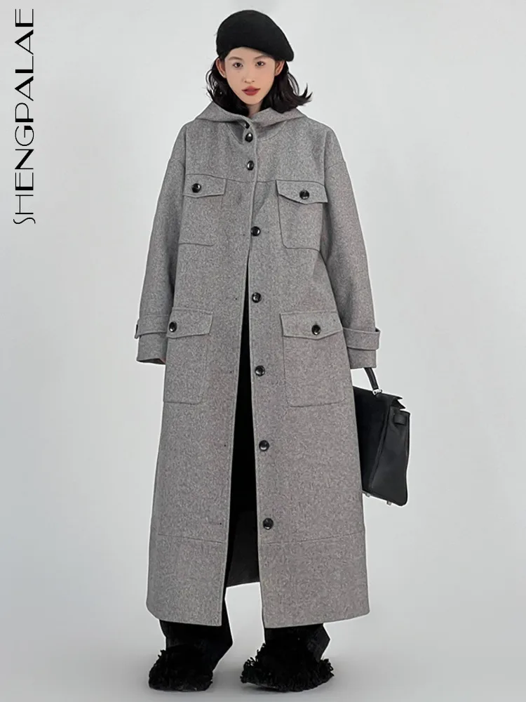 

SHENGPALAE Autumn Women Woolen Coat Hooded Patchwork Multi-pocket Single Breasted 2023 New Straight Loose Blends Outwear 5R6012