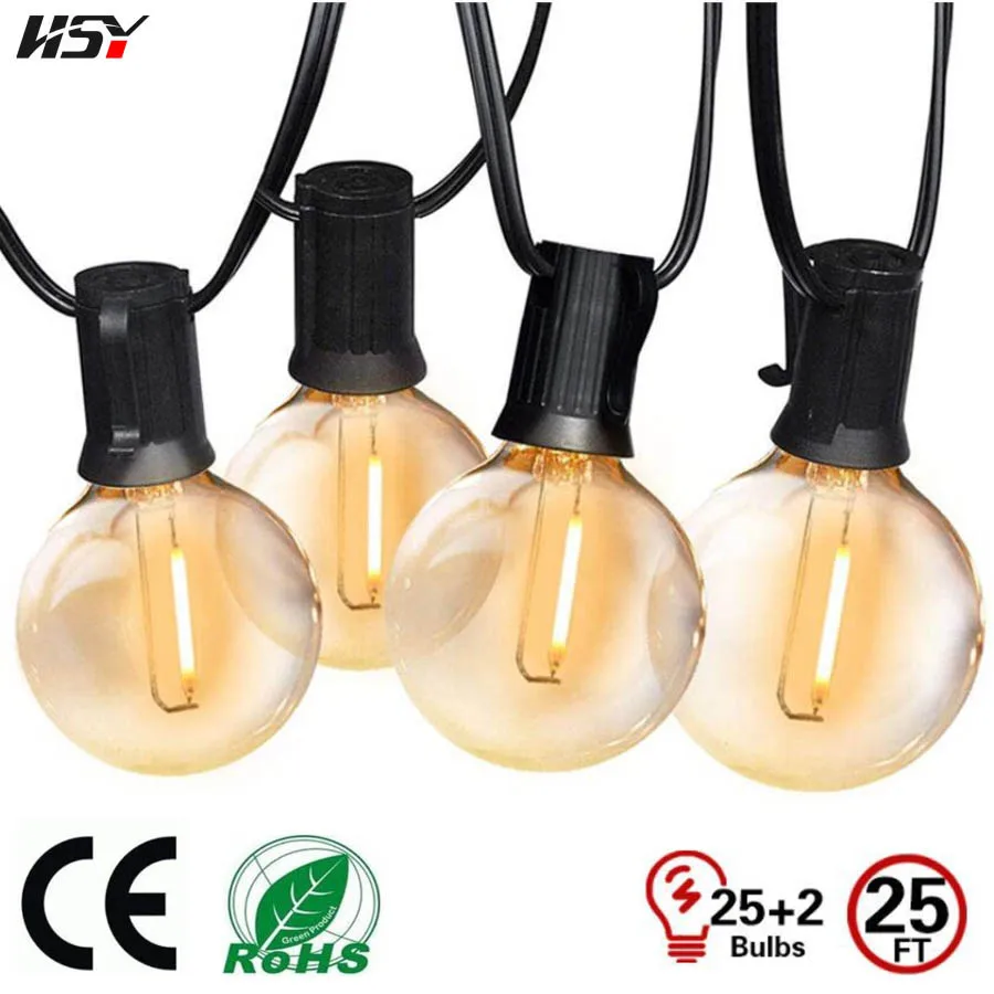 

25FT E12 Socket Globe Bulbs 0.6W 230V IP44 Garden Backyard Porches Gazebos Pergolas Wedding Christmas Lights G40 LED String Ligh