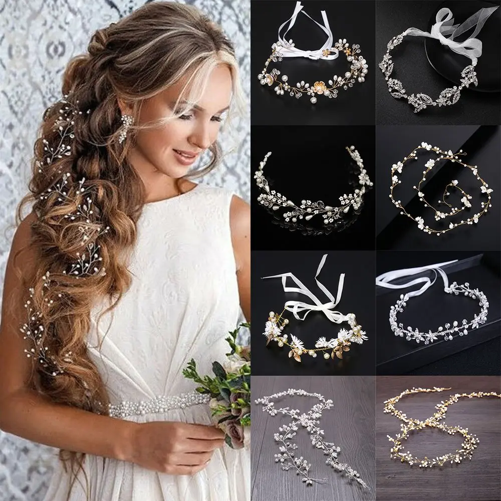 

Women Girls Hair Ornaments Headpiece Hair Jewelry Bride Crystal Headband Bridal Hair Vine Pearl Leaf Wedding Hair Accessories