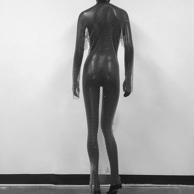 Shiny Rhinestones Grid Fishnet Dress Long Sleeve O-Neck Hollw Out Side Slit Dress Sexy Beach Cover Up Breathable Lady Vestidos