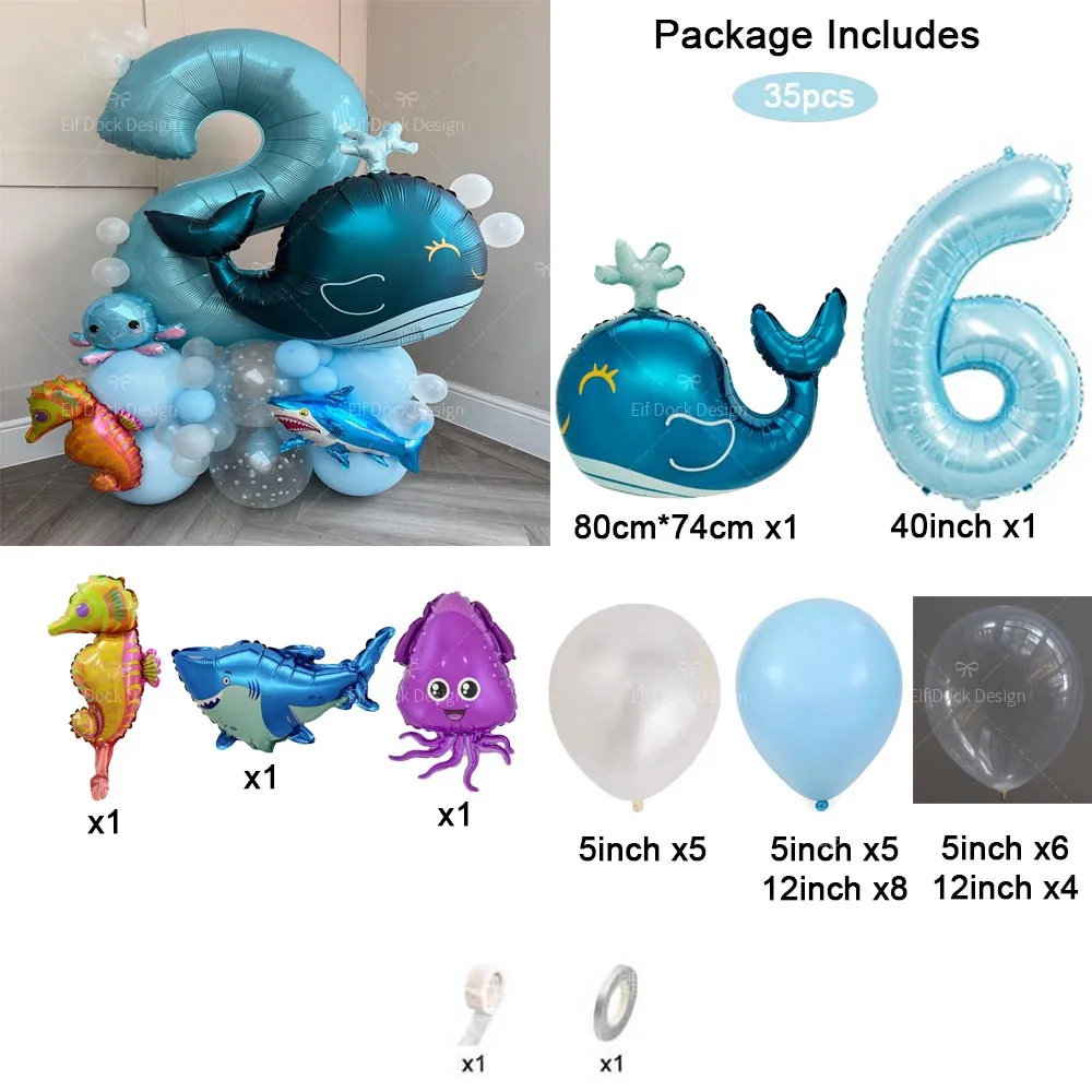 1 Set Ballons mit Meeres-Tiermotiven, blaue Zahlen, spuckender Wal, Seepferdchen, Hai, Geburtstagsparty-Dekorationen im Unterwasser-Stil – Detail 6