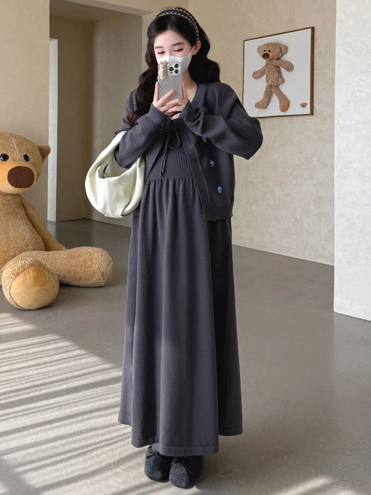 한국 스타일 니트 드레스와 가디건 세트 자수 트렌디한 임부복 임산부 아닌 분들을 위한 봄 가을 시즌 의류