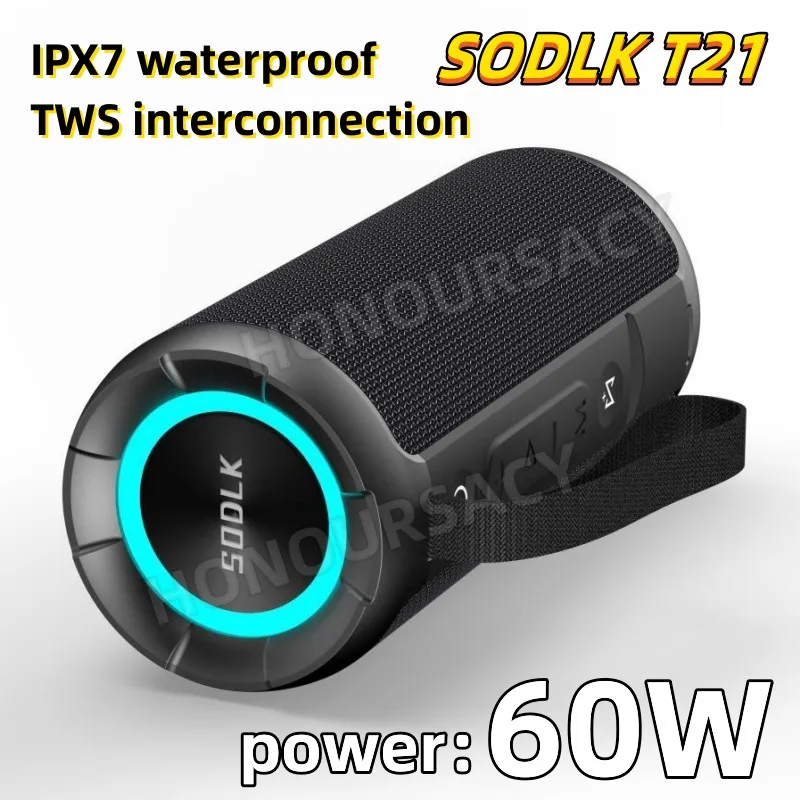 

60W Big Power Portable Colorful RGB Fashion Bluetooth Speaker Waterproof Camping Family Party Home Theater Heavy Bass SODLK T21