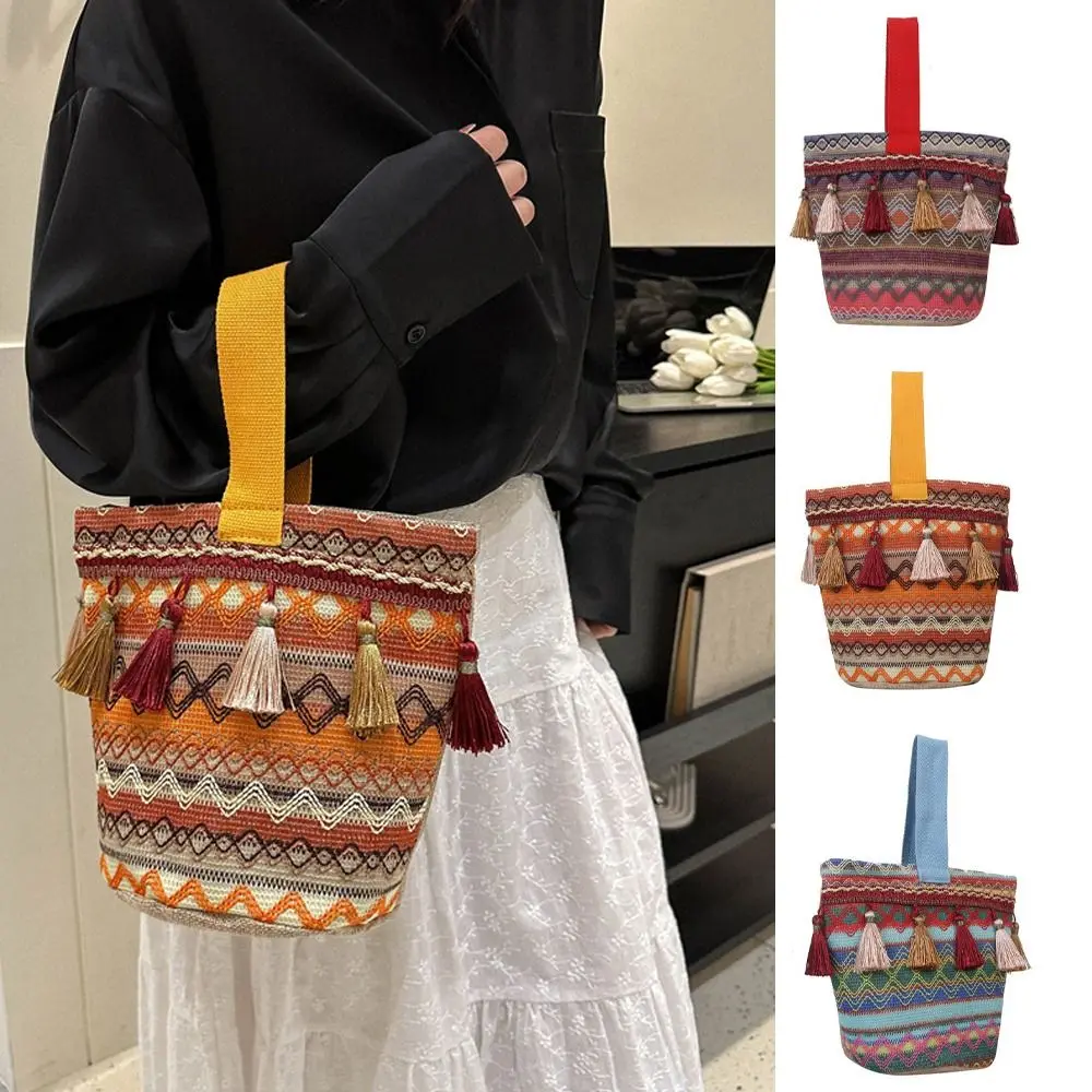 

Tassel Ethnic Style Tote Bag Elegant Canvas Embroidery Stripe Handbag Colorful All-match Lattice Bucket Shape Bag School