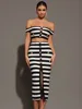Women Summer Sexy Off Shoulder Striped Button Two Piece Mini Bandage Set 2024 Celebrity Designer Evening Party Women's Set 1